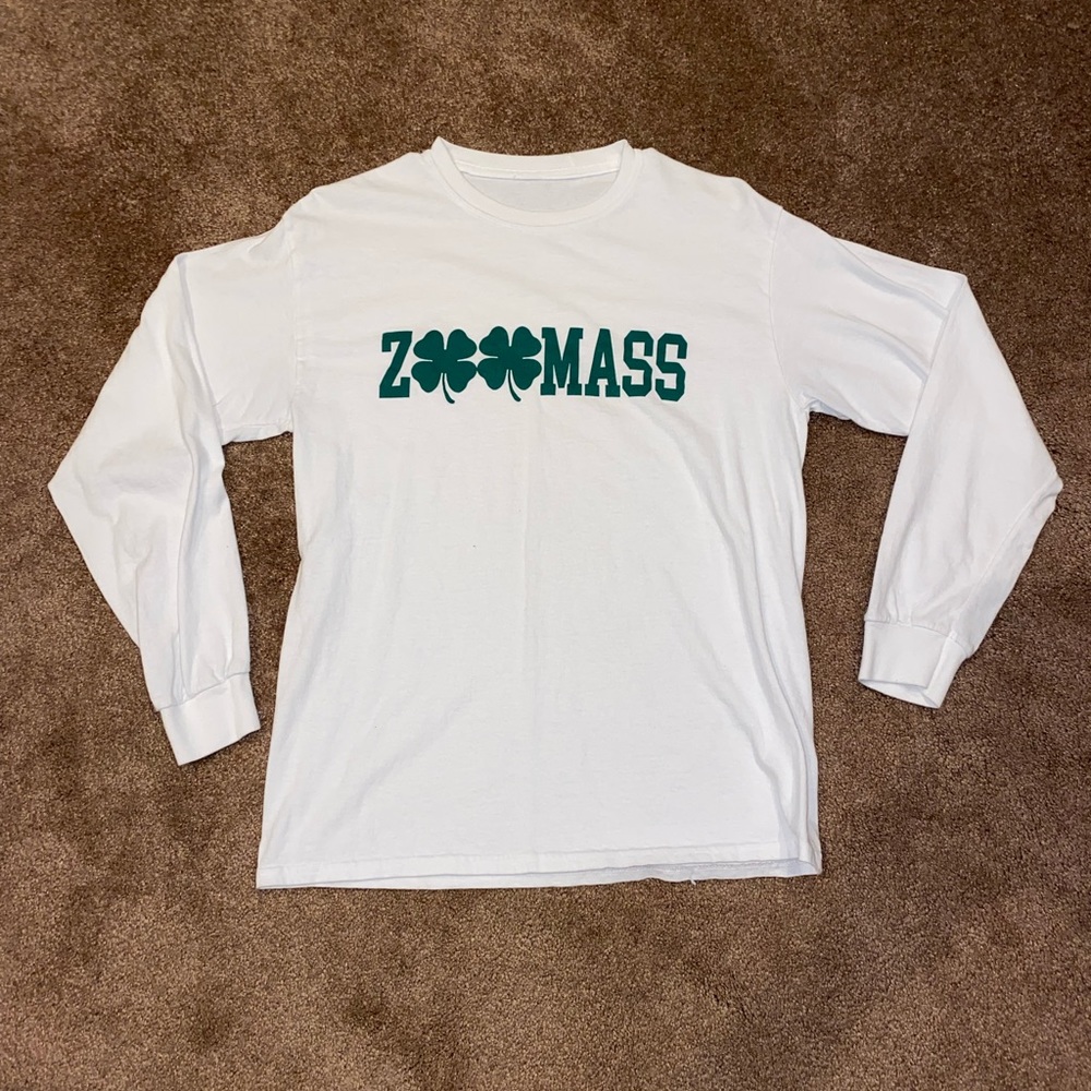 Gildan White Long Sleeve Tee with Green Shamrock ZOO MASS Print